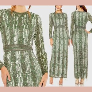 NWT MAC DUGGAL [ 10 ]‎ 5981 High Neck Long Sleeve Crystal Fringe Column Gown